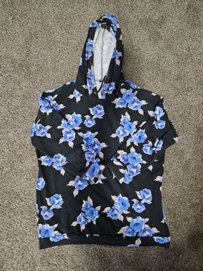 Floral Hoodie Womens XL Blue Rose Print Black Pullover Sweatshirt Oversized